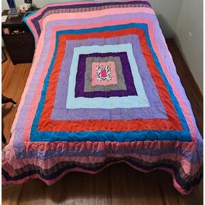 Handmade Log Cabin Quilt Blanket Colorful Patchwork Full / Queen Size Butterfly